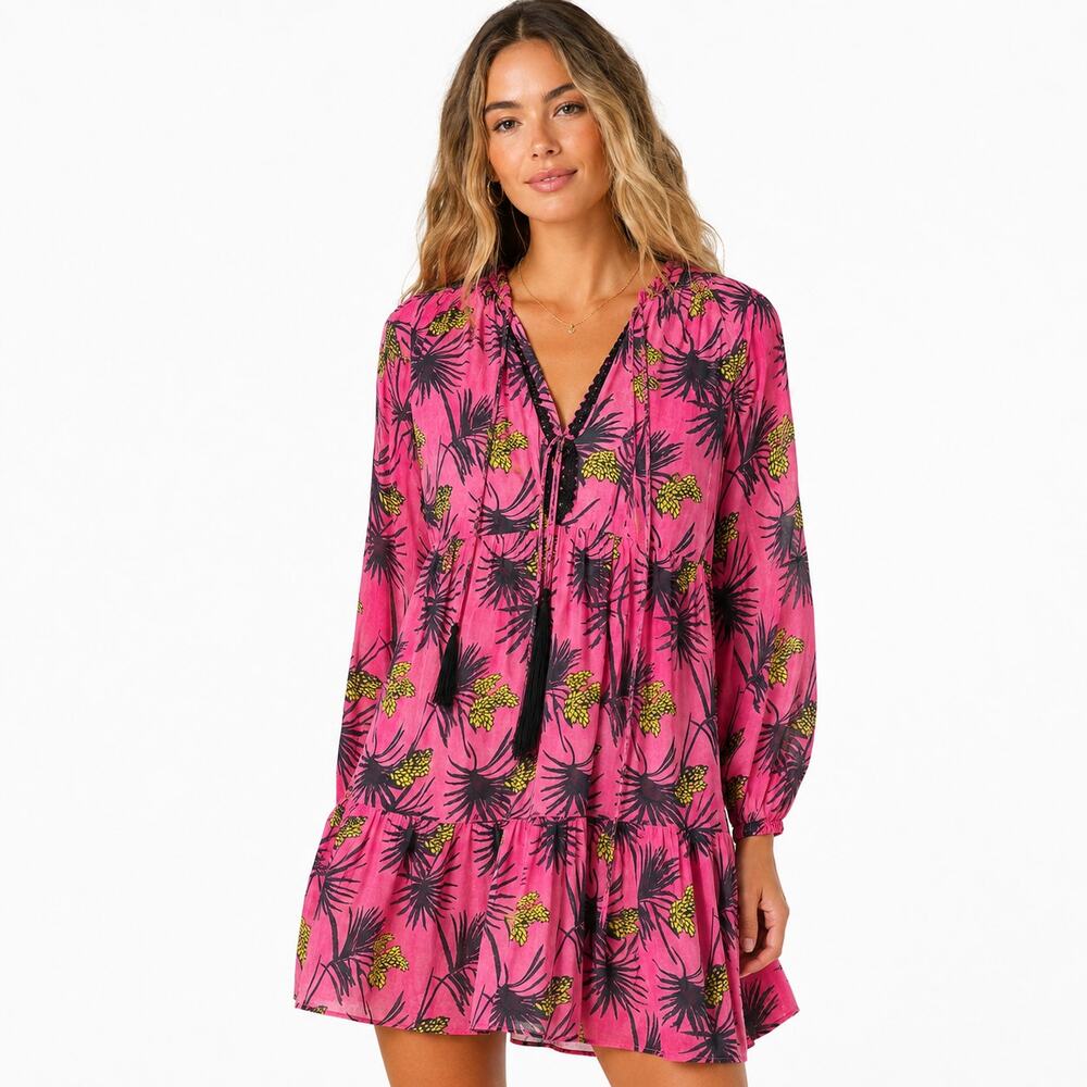 NEW Anjuna Luana Mini Dress Womens Medium Pink Floral V-Neck Tassel Boho Tiered